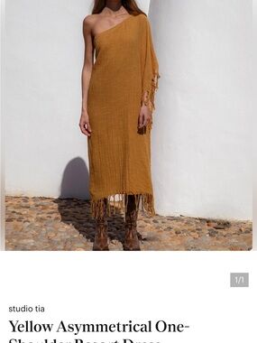 One-Shoulder Fringe Midi Dress in Mustard